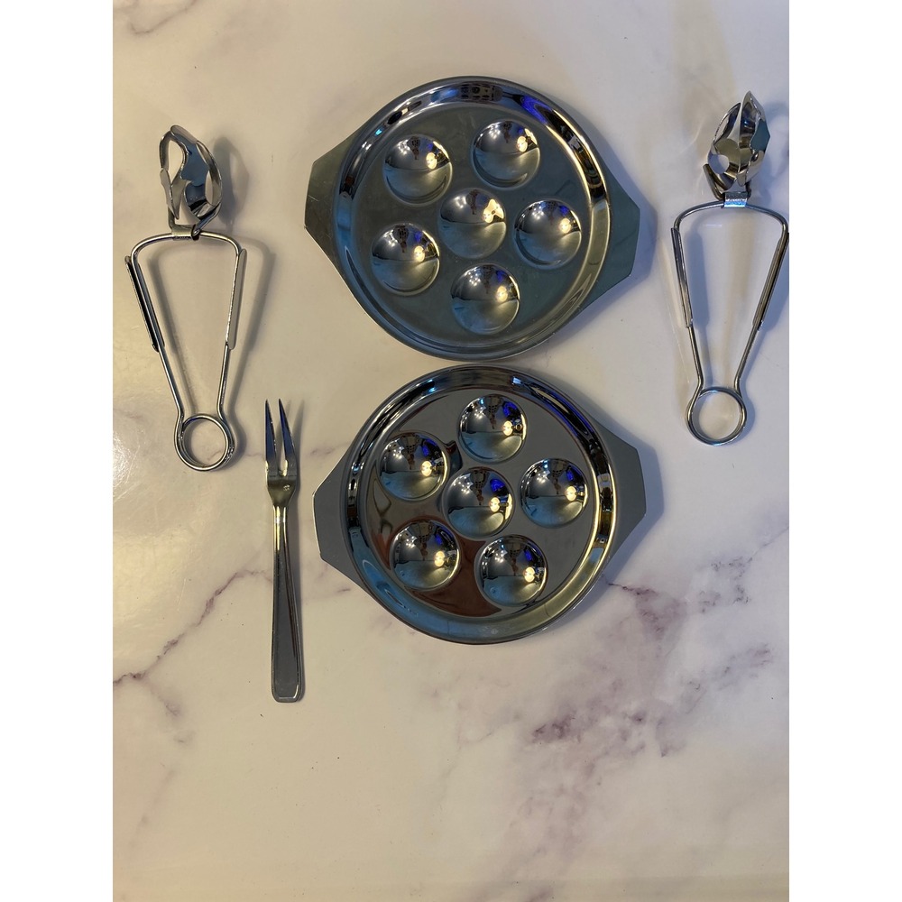 Vintage INOX France Stainless Steel Escargot Set 2 Plates 2 Tongs 1 Fork Snail